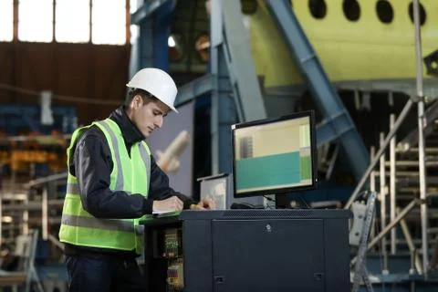 Portrait of a man , factory engineer in work clothes controlling the work Stock Photos
