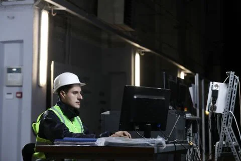 Portrait of a man , factory engineer in work clothes controlling the work proces Stock Photos