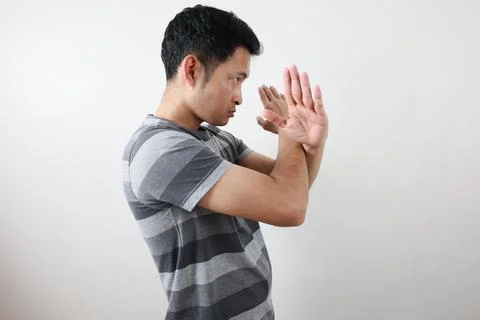 Portrait of a man on grey background. 스톡 사진