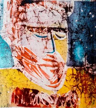 Portrait of man, hot batik, background texture, handmade on silk Stock Illustration