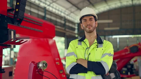 Portrait of man looking camera at manufacturing special facility. Stock Footage 230264200