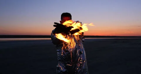 Portrait of a man, a man shows a fire show Stock Footage 152179130