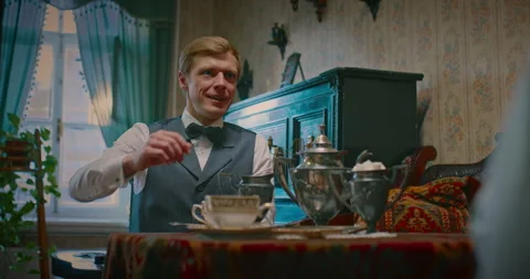 Portrait of man in old house in 19th century, tea drinking tradition, history Stock Footage 264508543
