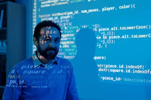 Portrait of Man with Projected Programming Code on His Face Stock Photos