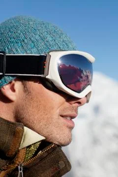 Portrait of man with ski goggles, profile Stock Photos