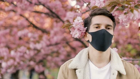 Portrait man taking off protective face mask look at camera near sakura blossom. Stock Footage 129115222