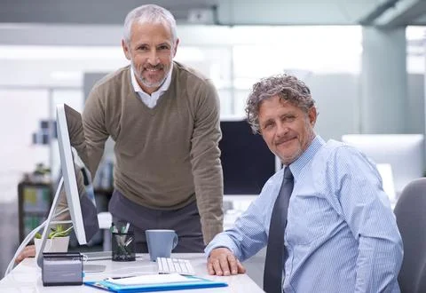 Portrait, mature and teamwork of business people in office with pride for career Stock Photos