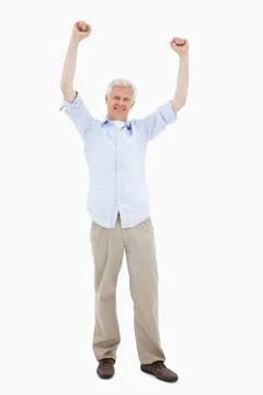 Portrait of a mature man with the arms up Stock Photos