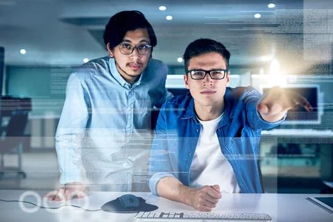 Portrait, men and coding overlay at night for data developing, software Stock Photos