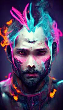 Portrait of a men in a futuristic cyberpunk style in neon clothes. A  high-tech man