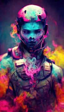 Portrait of a men in a futuristic cyberpunk style in neon clothes. A  high-tech man