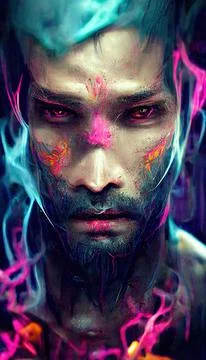 Portrait of a men in a futuristic cyberpunk style in neon clothes. A high-tech Stock Illustration