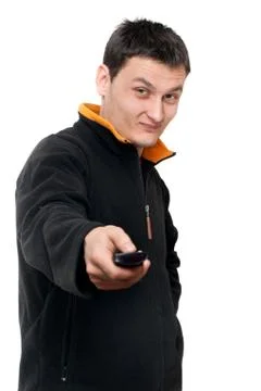 Portrait men with remote control Stock Photos