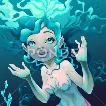 Portrait of a mermaid in the sea Stock Illustration
