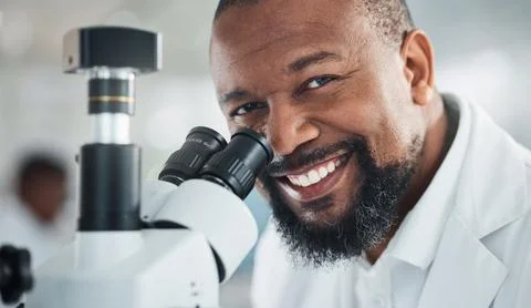 Portrait, microscope or black man in lab for science, pathology research or.. Stock Photos