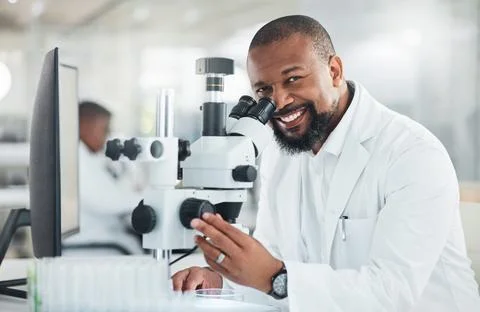 Portrait, microscope or man in lab for science, pathology research or confi.. Stock Photos