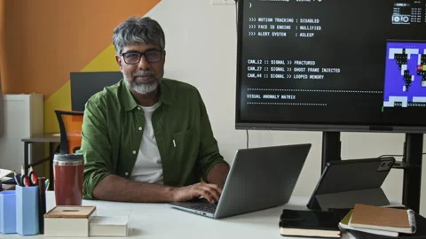 Portrait of Middle Aged Indian Man Working as Software Developer Stockbeeldmateriaal 342813517