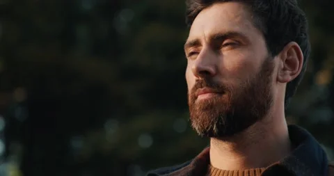 Portrait of a middle-aged man looking at the sunset, standing outdoors Stock Footage 220618064