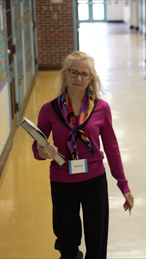 Portrait of a Middle-Aged Teacher Walking Down a School Hallway Stock Footage 306313112