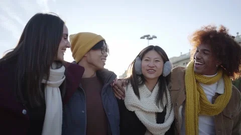 Portrait of Mixed race group of happy friends walking together and having fun in Stock Footage 232269784