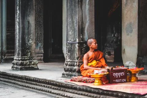 A portrait of a monk inside the Temples of Angkor Wat Stock Photos