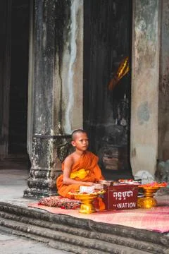 A portrait of a monk inside the Temples of Angkor Wat Stock Photos