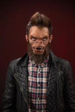 Portrait of Monkey man. Monkey man cinematic make-up for horror movie Stock Photos