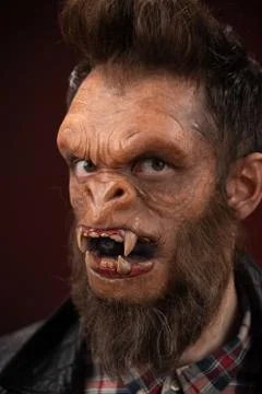 Portrait of Monkey man. Monkey man cinematic make-up for horror movie Stock Photos