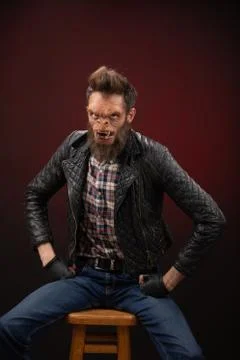 Portrait of Monkey man. Monkey man cinematic make-up for horror movie Stock Photos