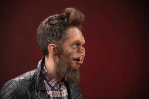 Portrait of Monkey man. Monkey man cinematic make-up for horror movie Stock Photos