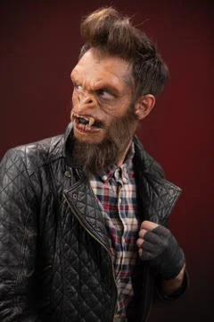 Portrait of Monkey man. Monkey man cinematic make-up for horror movie Stock Photos