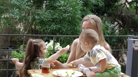 Portrait of mother and two small siblings enjoy childhood weekend seat on the Video stock 222010451