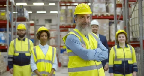 Portrait of multiethnic staff at distribution warehouse posing at camera Stock Footage 151397448