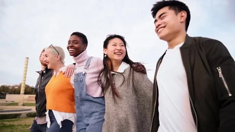 Portrait of multiracial group of friends hugging and looking camera. Smiling Stock Footage 249704145