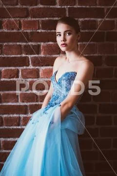 A portrait of a mysterious lady in a fluffy dress posing indoor over the bric Stock Photos
