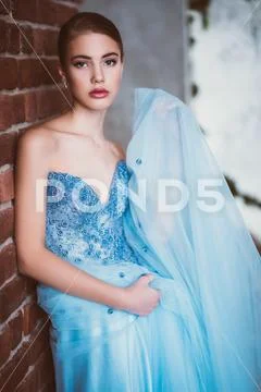 A portrait of a mysterious lady in a fluffy dress posing indoor over the bric Stock Photos