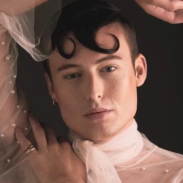 Portrait, non binary fashion and vintage aesthetic with designer clothing and Foto stock