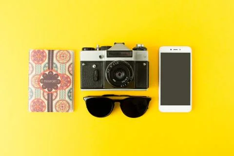 Portrait of objects: all you need in journey, tour, voyage or travel. Passpor Stock Photos