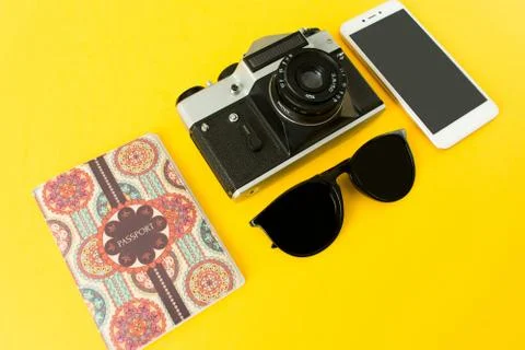 Portrait of objects: all you need in journey, tour, voyage or travel. Passpor Stock Photos