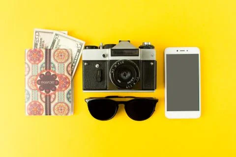 Portrait of objects: all you need in journey, tour, voyage or travel. Passpor Stock Photos