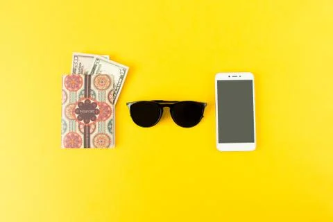 Portrait of objects: all you need in journey, tour, voyage or travel. Passpor Stock Photos
