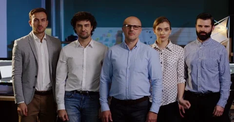 Portrait of office workers team with their boss posing in the modern office Stock Footage 82446906