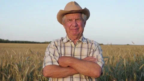 Portrait Old Man In Hat With His Arms Crossed In Front Of Him In Wheat Field 스톡 동영상 134806623