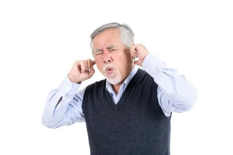 Portrait old man hearing problem , unhappy old elderly male lifestyle health. Stock Photos