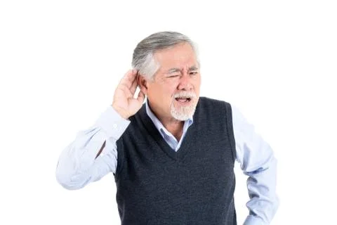 Portrait old man hearing problem , unhappy old elderly male lifestyle health. Stock-Fotos