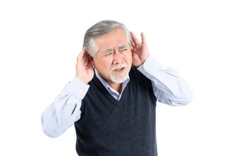 Portrait old man hearing problem , unhappy old elderly male lifestyle health. Stock Photos