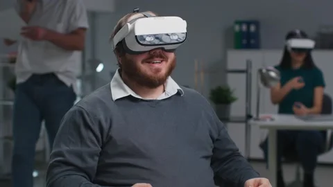 Portrait of overweight employee work in vr headset in office Stock Footage 221403519