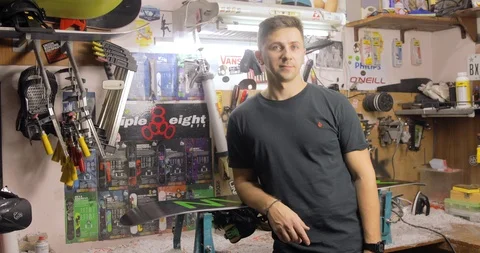  Portrait Of The Owner In Snowboard Workshop. Stock Footage 125857715