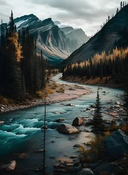 Portrait Painting of a river &amp; mountains Stock Illustration