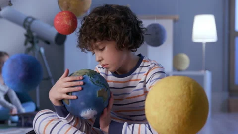 Portrait of Playful Creative Spaceman. Small Person at Modern Night Playground f Video stock 199477790